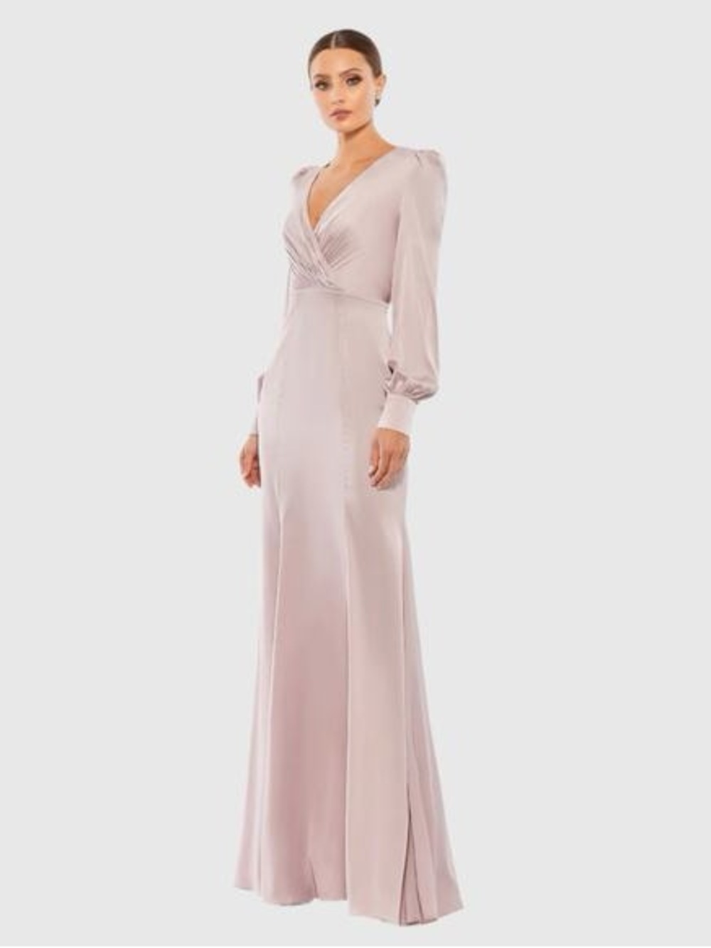 MAC DUGGAL 55635 SATIN RUCHED BISHOP SLEEVE ROSE PINK GOWN